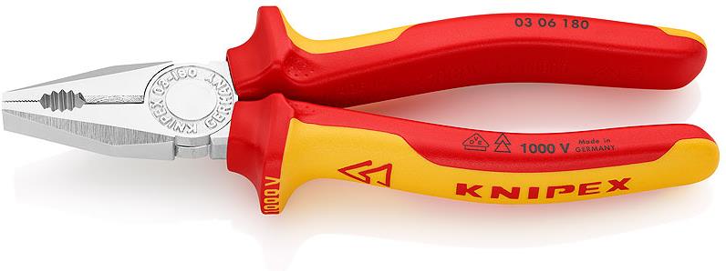 Комбинирани клещи, хромирани, VDE 1000V жълто-червена ръкохватка 180мм, Knipex