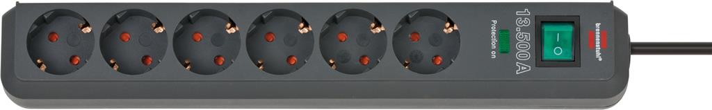 Разклонител с копче ЧЕРЕН 6 x 2 P + E с гръмозащита с кабел 1.5 метра / 1.5 mm2 Eco-Line Brennenstuhl