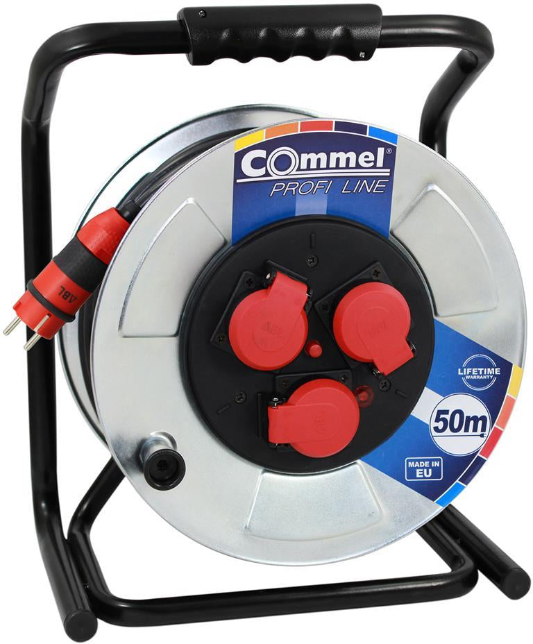 Макара метална 50м IP44 AT H05RR-F 3 G 2.5 mm2 черен термична защита 3 шуко квадратна рамка Commel