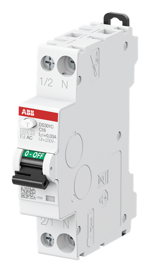 ДТЗ комбинирана DS301C 1P+N 16A крива C 30mA тип AC 6kA 1 мод. ABB