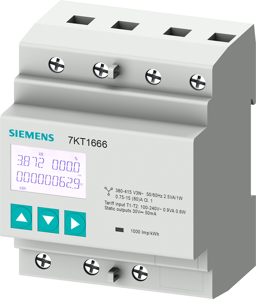 Трифазен електромер за ДИРЕКТНО мерене на ел. енергия SENTRON, Modbus, 2 тарифи, за DIN монтаж 4 мод, 80 A , MID Siemens