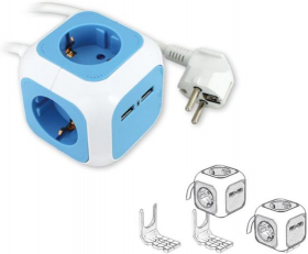 Разклонител БЯЛ/СИН 4 x 2 P + E и 2 х USB тип A 2.1 A 10.5 W с кабел 1.4 метра / 1.5 mm2 Commel
