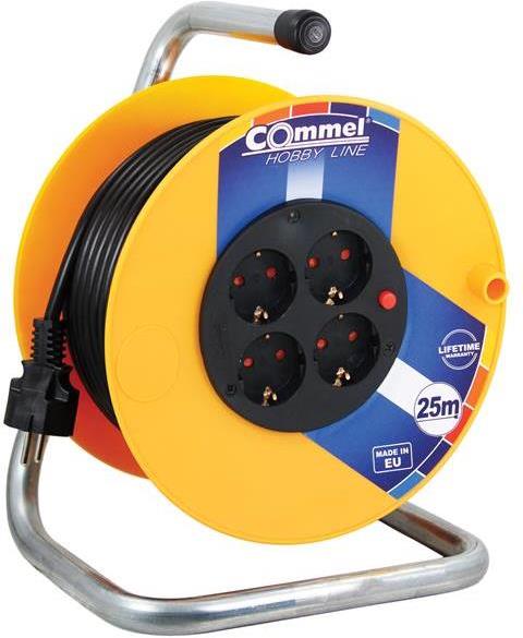 Макара жълта 25 м IP20 H05VV-F 3 G 1.5 mm2 термична защита 4 шуко Commel