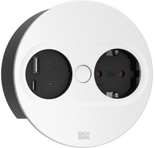 Модул TWIST 2 КРЪГЪЛ с 1 х Шуко и USB тип A + C , с кабел 2 м , цвят Бял , Bachmann