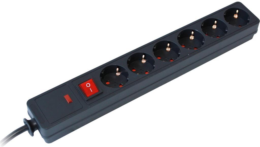 Разклонител с копче ЧЕРЕН 6 x 2 P + E с гръмозащита с кабел 1.5 метра / 1.5 mm2 Commel