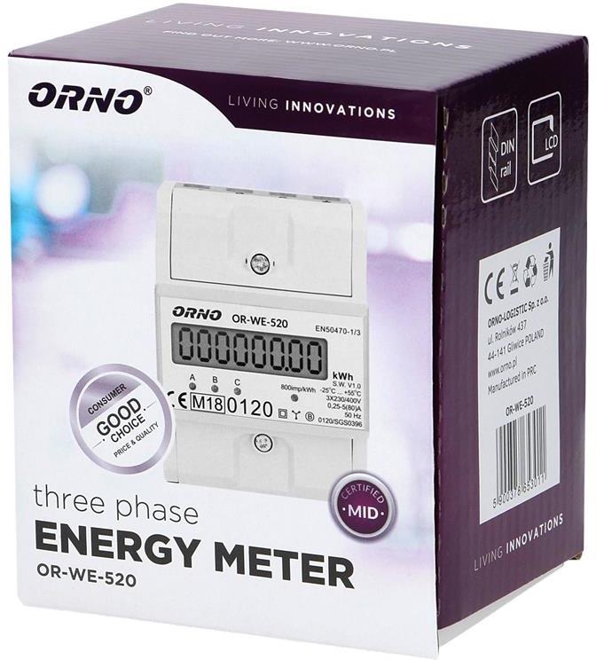 Трифазен електромер за ДИРЕКТНО мерене на ел. енергия, импулсен изход, еднотарифен , за DIN монтаж 4.5 мод, 80 A , MID ORNO