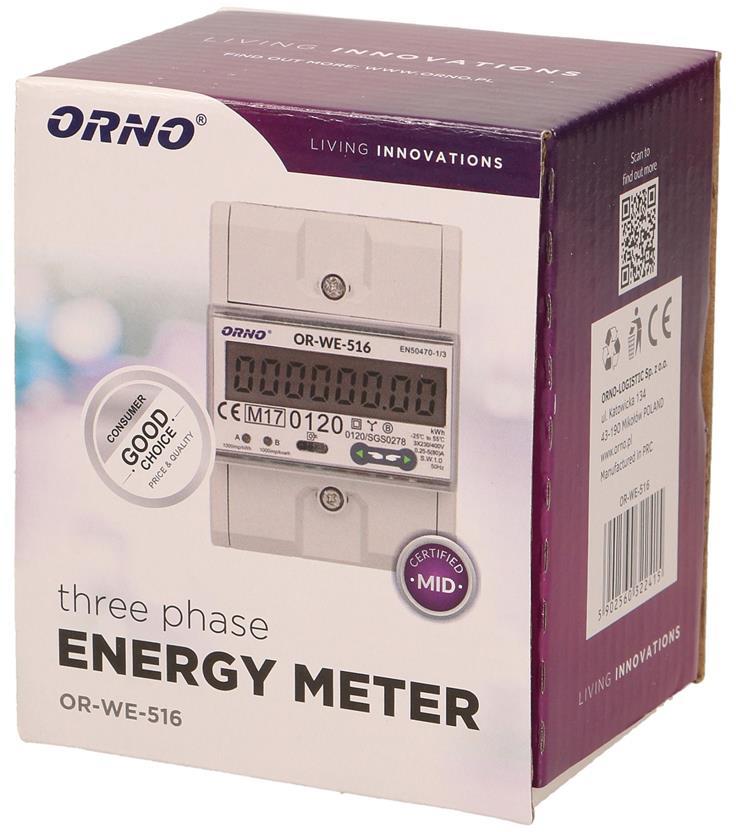 Трифазен електромер за ДИРЕКТНО мерене на ел. енергия , Modbus , еднотарифен , за DIN монтаж 4.5 мод, 80 A , MID ORNO