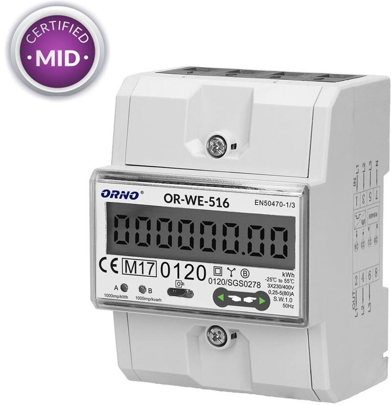 Трифазен електромер за ДИРЕКТНО мерене на ел. енергия , Modbus , еднотарифен , за DIN монтаж 4.5 мод, 80 A , MID ORNO