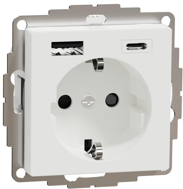 Механизъм контакт шуко 16A + USB A+C 3A 15W с лицев панел цвят Активно бял System M Merten SE
