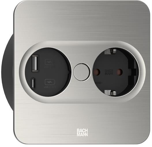 Модул TWIST 2 КВАДРАТЕН с 1 х Шуко и USB тип A + C , с кабел 2 м , цвят Инокс, Bachmann