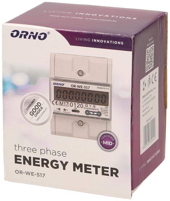 Трифазен електромер за ДИРЕКТНО мерене на ел. енергия, Modbus, до 4 тарифи, за DIN монтаж 4.5 мод, 80 A , MID ORNO