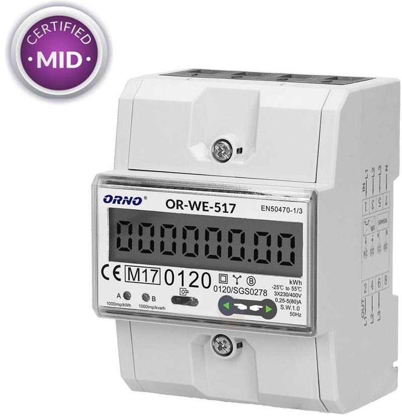 Трифазен електромер за ДИРЕКТНО мерене на ел. енергия, Modbus, до 4 тарифи, за DIN монтаж 4.5 мод, 80 A , MID ORNO