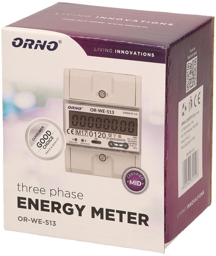 Трифазен електромер за ДИРЕКТНО мерене на ел. енергия, импулсен изход, еднотарифен, тов., за DIN монтаж 4.5 мод, 80 A , MID ORNO