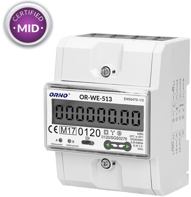 Трифазен електромер за ДИРЕКТНО мерене на ел. енергия, импулсен изход, еднотарифен, тов., за DIN монтаж 4.5 мод, 80 A , MID ORNO