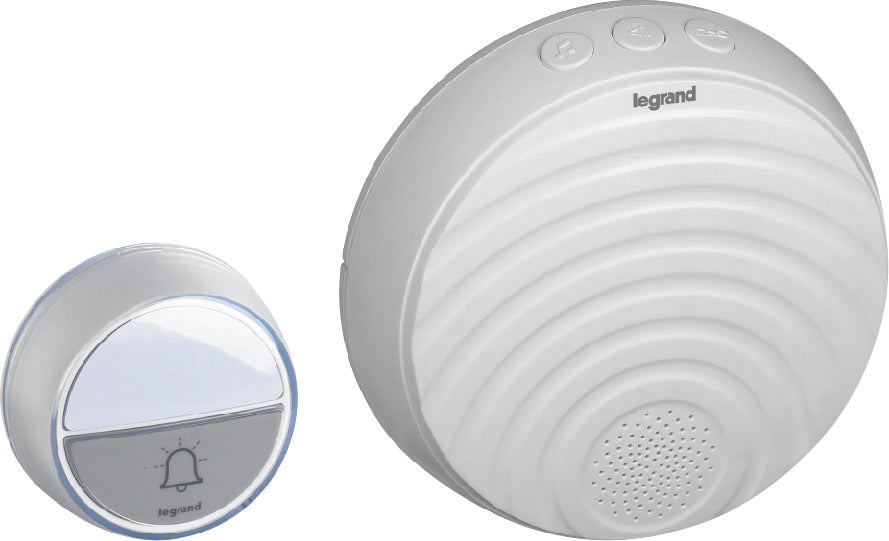 Безжичен звънец Comfort бял 220V в комплект с бутон 100 метра IP44, 15 мелодии Legrand