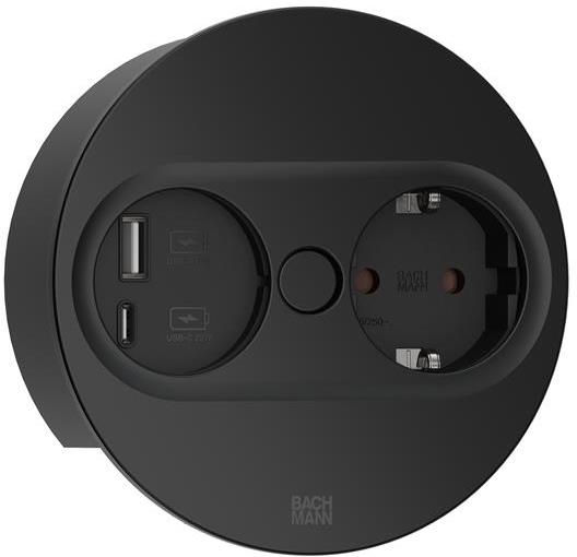 Модул TWIST 2 КРЪГЪЛ с 1 х Шуко и USB тип A + C , с кабел 2 м , цвят Черен , Bachmann