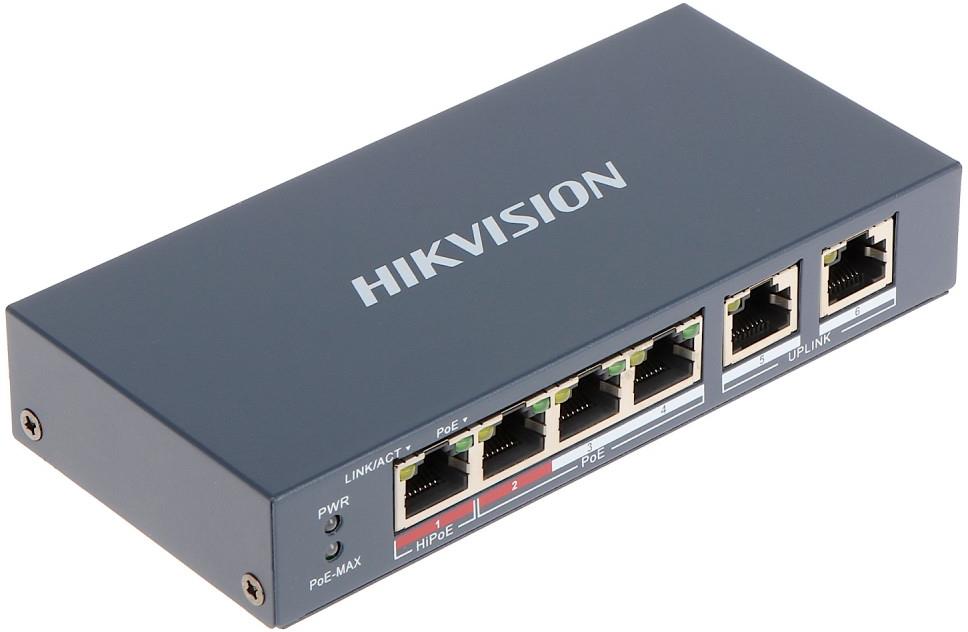 Мрежов комутатор , 4 x 10/ 100 Mbps PoE + 2 x 10 / 100 Mbps uplink порта , 60 W , Hikvision