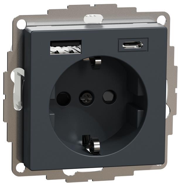 Механизъм контакт шуко 16A + USB A+C 3A 15W с лицев панел цвят Антрацит System M Merten SE
