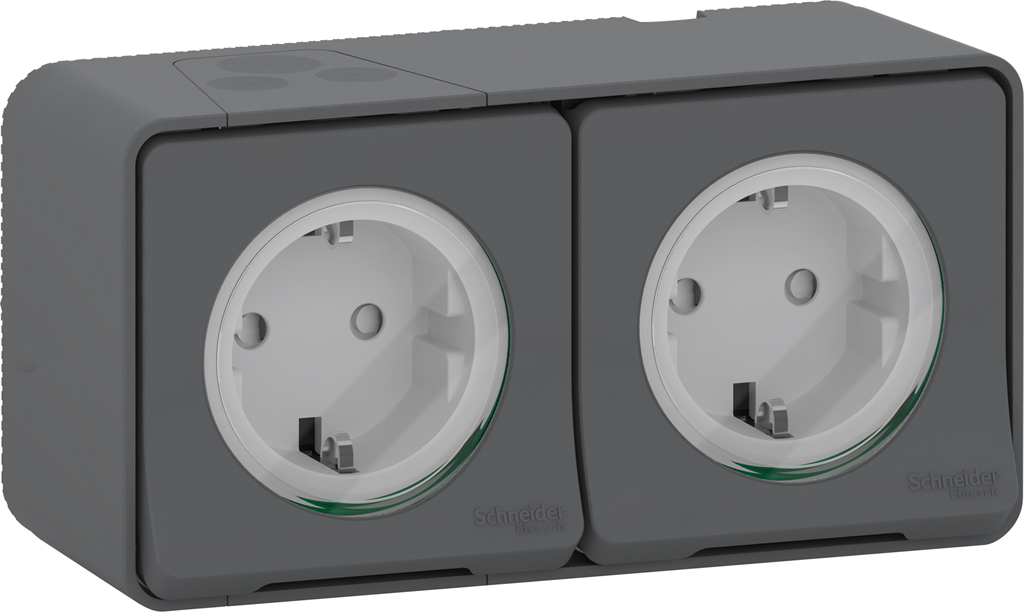 Контакт шуко ДВОЕН 16А с детска защита моноблок IP55 автоматични клеми цвят Антрацит Mureva SE