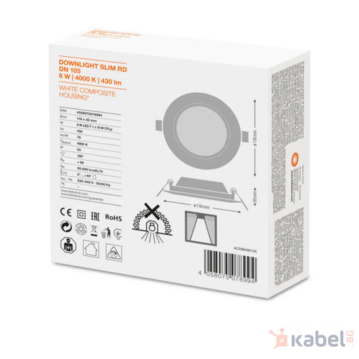 ЛУНА LED SLIM DN105 6W 4000K,430lm,Ф118mm,78994