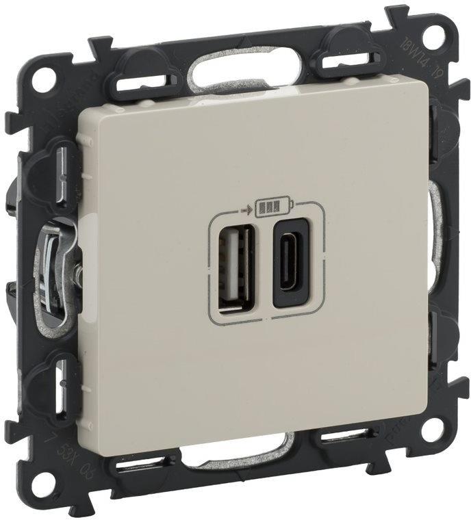 Розетка 2хUSB за зареждане тип A+C 3A 15W цвят крем Valena Life Legrand