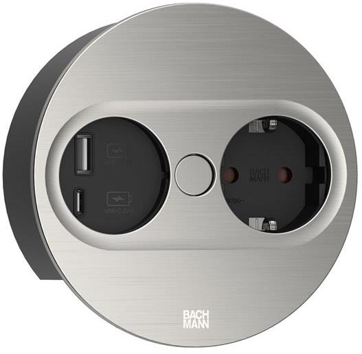 Модул TWIST 2 КРЪГЪЛ с 1 х Шуко и USB тип A + C , с кабел 2 м , цвят Инокс, Bachmann