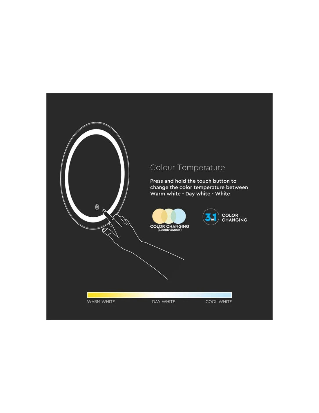 25 W LED Огледало Кръг Докосване Промяна на Цвета IP 44 Anti Fog 3 в 1