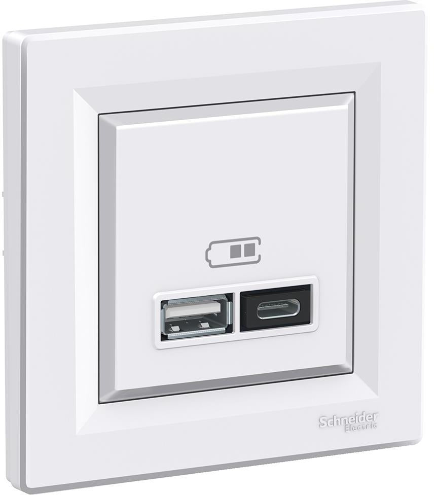 Розетка 2хUSB за зареждане тип A+C 2.4A 12W моноблок цвят Бял Asfora SE