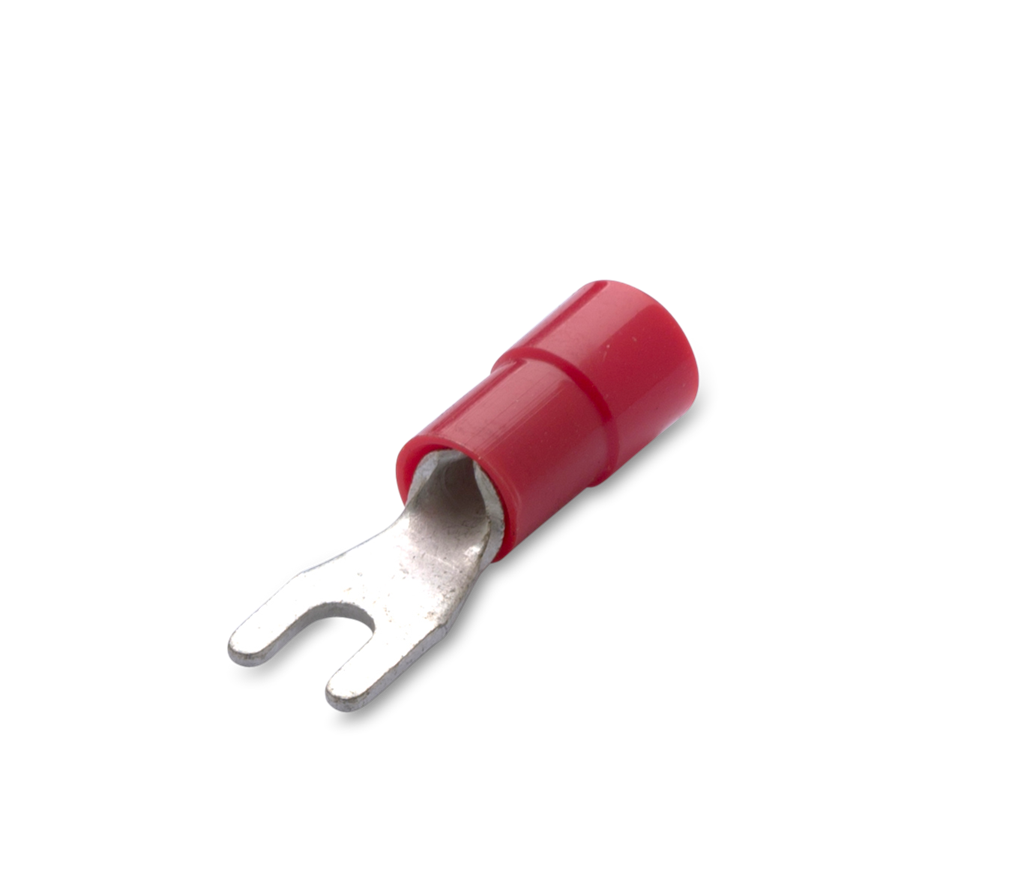 Изолирана кабелна обувка тип вилица 0, 25 - 1 .5 мм2 с диаметър на винта 4мм червена /100бр. пакет/ 300V BM/
