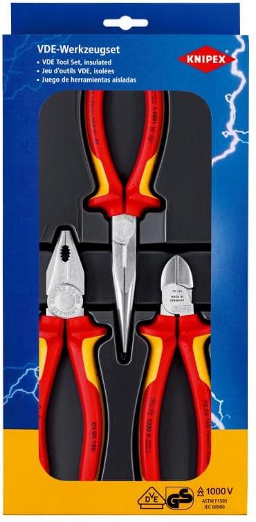 Комплект с 3 бр. клещи - комбинирани 180мм (K0306180), резачки 160мм (K7006160), дълъг остър връх 200мм (K2616200), Knipex