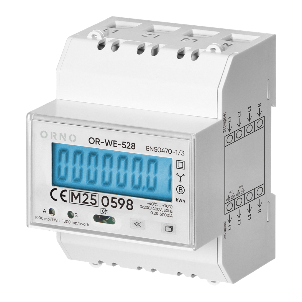 Трифазен електромер за ДИРЕКТНО мерене на ел. енергия , импулсен изход , еднотарифен, тов., за DIN монтаж 4.3 мод , 100 A , MID ORNO