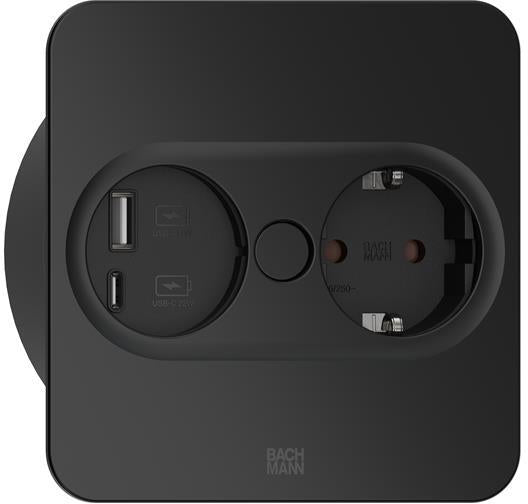 Модул TWIST 2 КВАДРАТЕН с 1 х Шуко и USB тип A + C , с кабел 2 м , цвят Черен, Bachmann