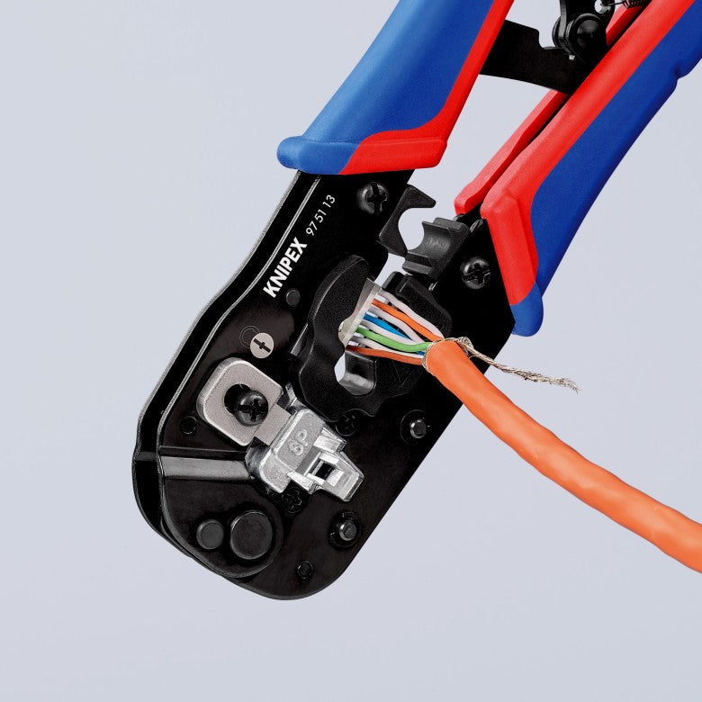 Инструмент за кримпване на RJ45, заголване и рязане, синьо-червена ръкохватка 190мм, с пружина, Knipex