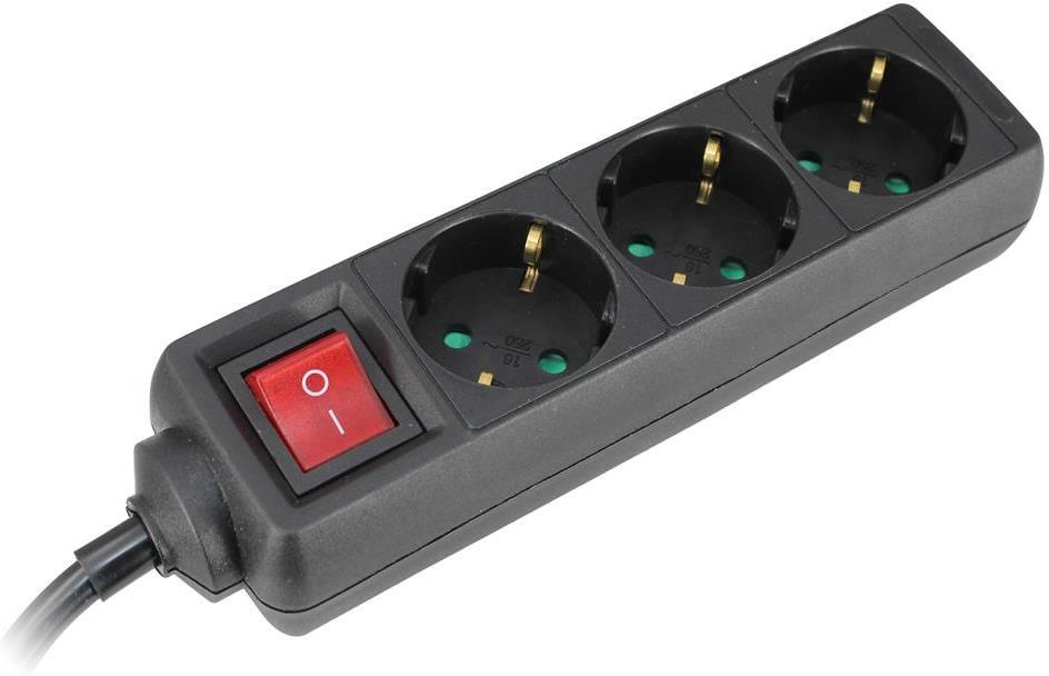 Разклонител с копче ЧЕРЕН 3 x 2 P + E с кабел 3 метра / 1.5 mm2 Commel