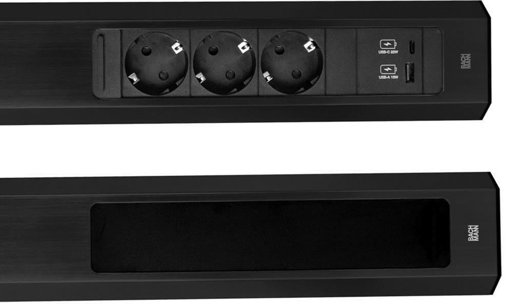 Модул CASIA 2 с 3 x Шуко и USB A + C с щора, цвят ЧЕРЕН , с възможност за ъглов монтаж, захранващ кабел 2 м , Bachmann