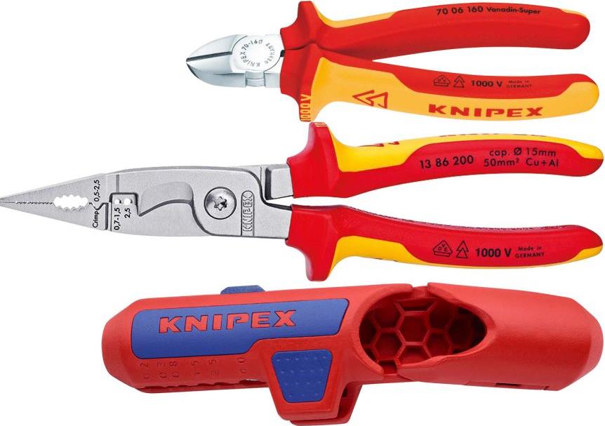 Комплект с 3 бр. инструменти - ErgoStrip (K169501), инсталаторски клещи (K1386200), резачки (K7006160) Knipex