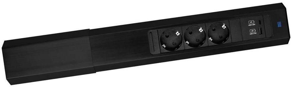 Модул CASIA 2 с 3 x Шуко и USB A + C с щора, цвят ЧЕРЕН , с възможност за ъглов монтаж, захранващ кабел 2 м , Bachmann