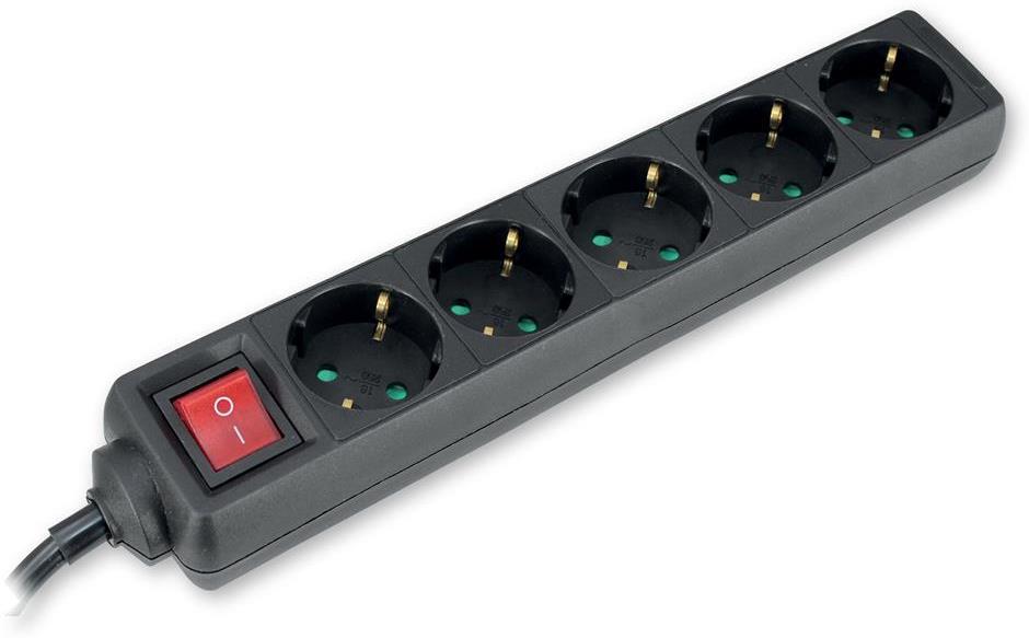 Разклонител с копче ЧЕРЕН 5 x 2 P + E с кабел 1.4 метра / 1.0 mm2 Commel