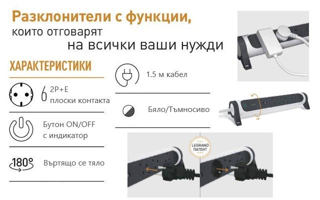 Разклонител БЯЛ 6x2P+E с кабел 1.5 метра / 3x1.5мм2 Premium NEW Legrand