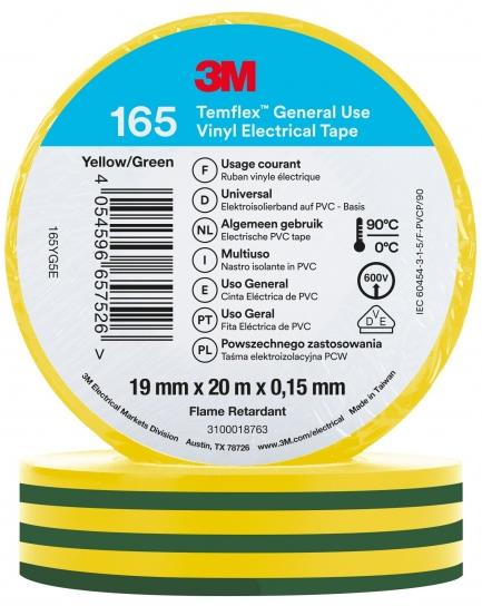 Изолационна лента Temflex 165 цвят ЖЪЛТО/ЗЕЛЕНА 0.15 мм х 19 мм, дължина 20м 3M