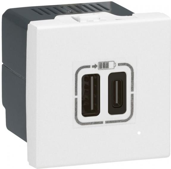 Розетка 2хUSB за зареждане тип A+C 3A 15W 2 мод. цвят Бял Mosaic Legrand