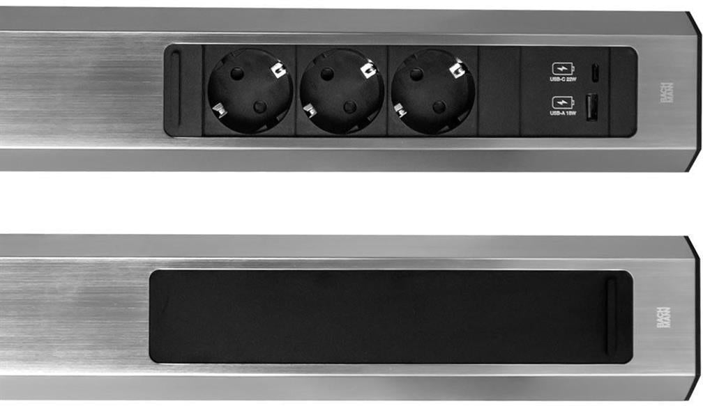 Модул CASIA 2 с 3 x Шуко и USB A + C с щора , цвят ИНОКС , с възможност за ъглов монтаж, захранващ кабел 2 м , Bachmann