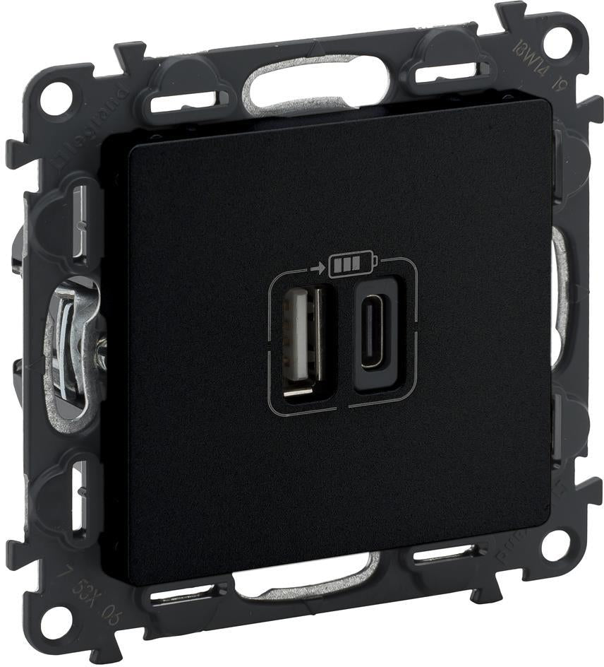 Розетка 2хUSB за зареждане тип A+C 3A 15W цвят Черен Valena Life Legrand