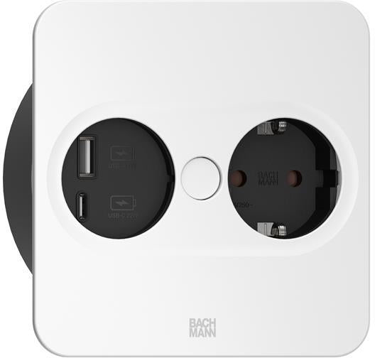 Модул TWIST 2 КВАДРАТЕН с 1 х Шуко и USB тип A + C , с кабел 2 м , цвят Бял, Bachmann