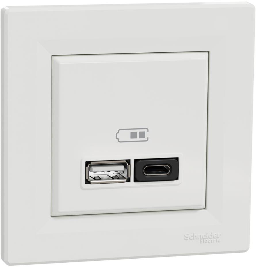 Розетка 2хUSB за зареждане тип A+C Power Delivery 45W моноблок цвят Бял Asfora SE