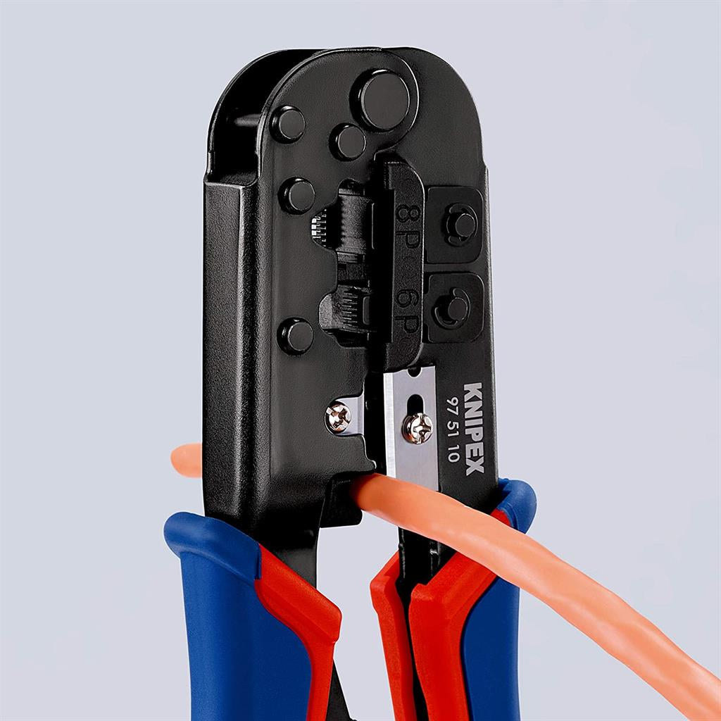 Инструмент за кримпване на RJ45 и RJ11, заголване и рязане, синьо-червена ръкохватка 190мм, с пружина, Knipex