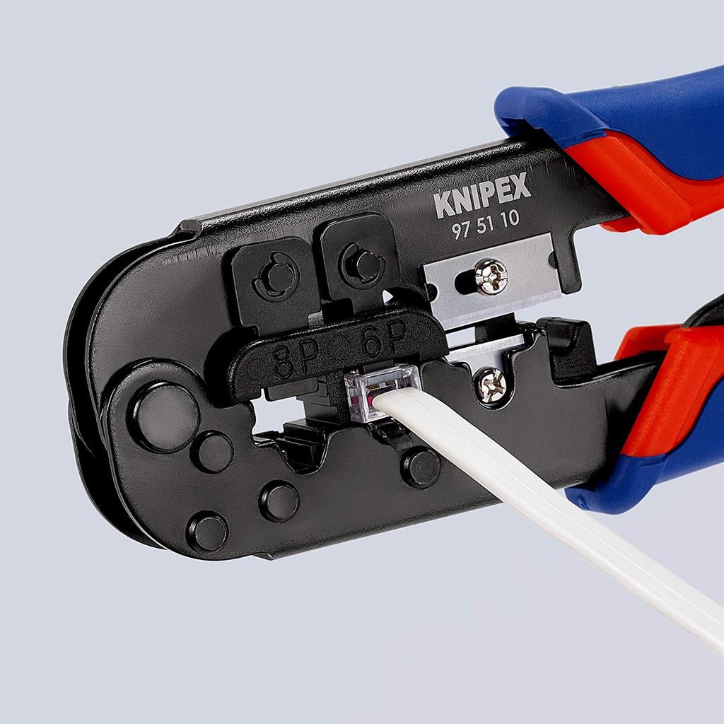 Инструмент за кримпване на RJ45 и RJ11, заголване и рязане, синьо-червена ръкохватка 190мм, с пружина, Knipex