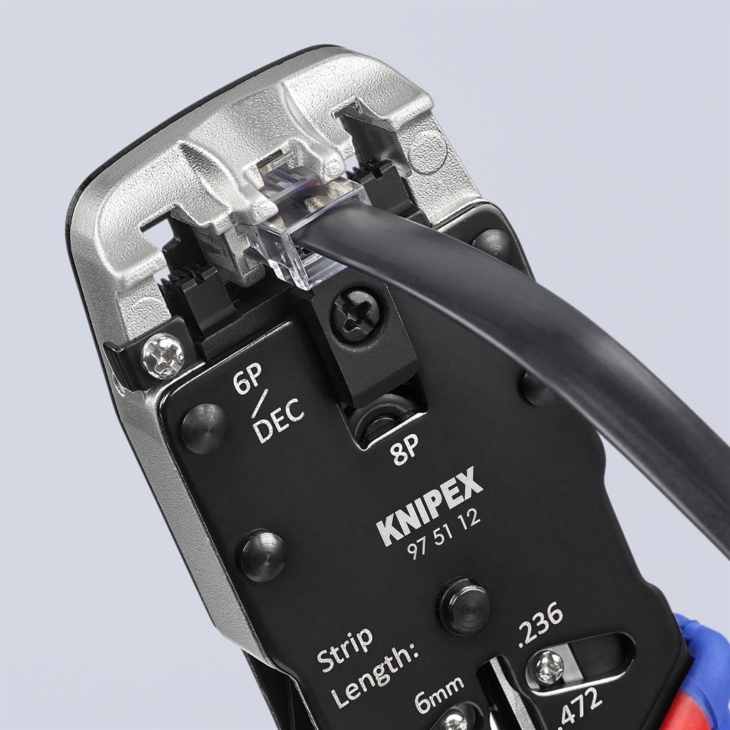 Инструмент за кримпване на RJ45, RJ11 и RJ10, заголване и рязане, синьо-червена ръкохватка 200мм, с пружина, Knipex