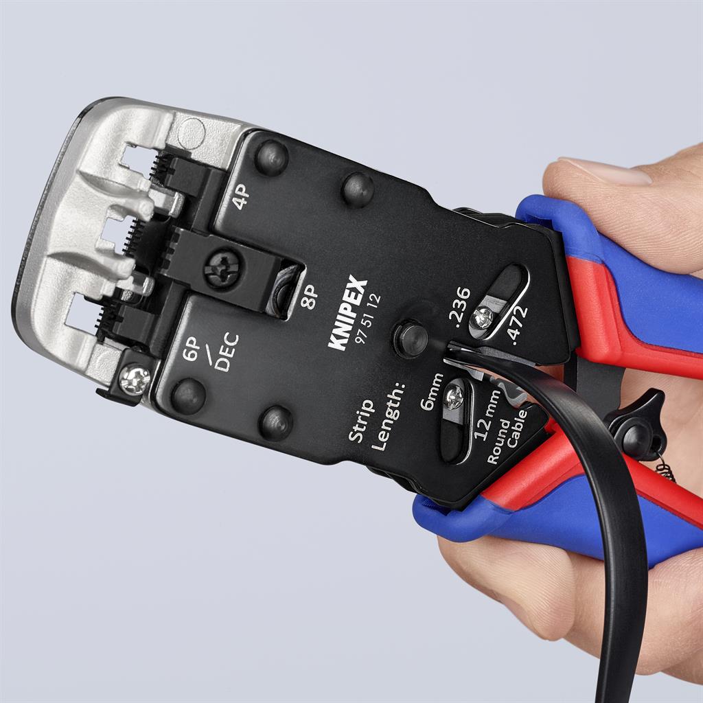 Инструмент за кримпване на RJ45, RJ11 и RJ10, заголване и рязане, синьо-червена ръкохватка 200мм, с пружина, Knipex