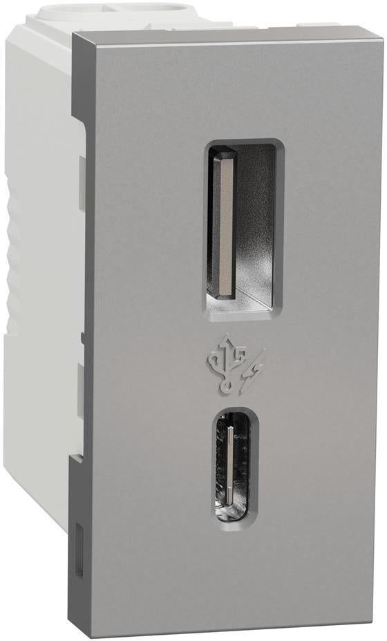 Розетка 2 х USB за зареждане тип A + C 2.4 A 12 W 1 мод. цвят Алуминий Unica SE
